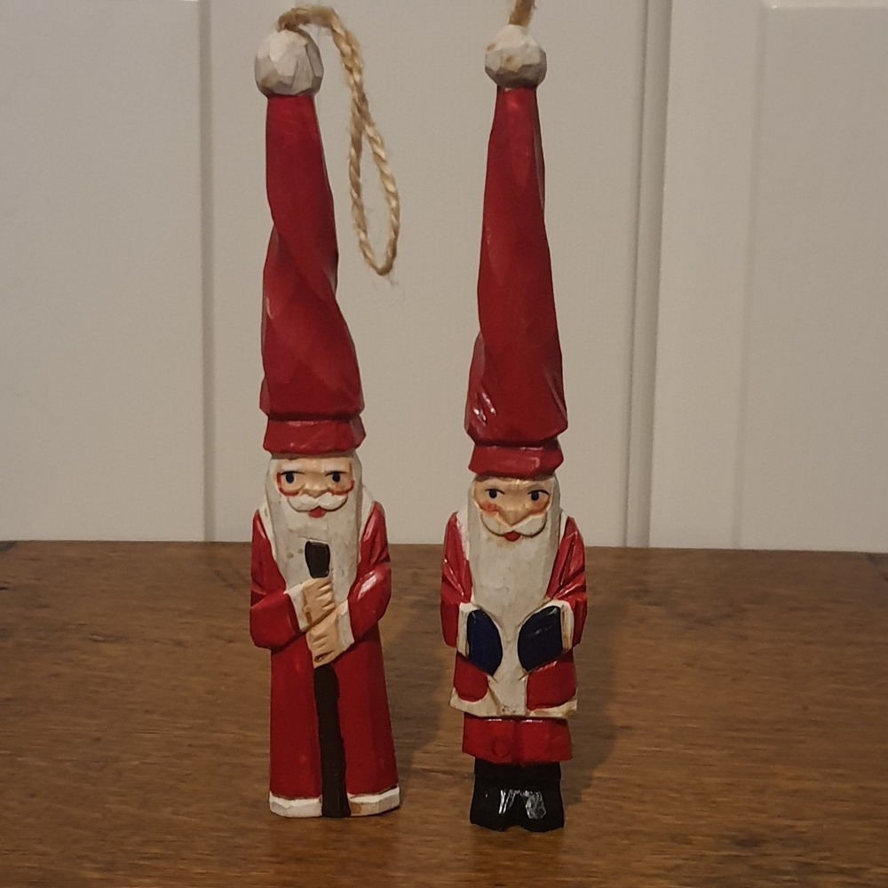 Vintage Hand Carved Wooden Gnome Style Primitive Folk Art Holiday Ornaments